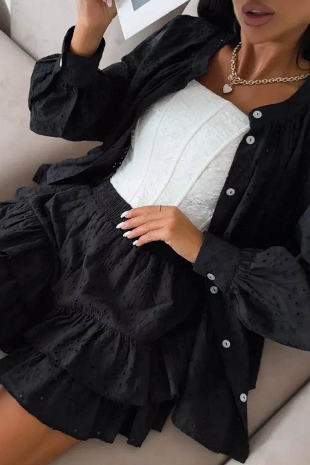 Hollow-out Jacquard Blouse Tiered Shorts Set
