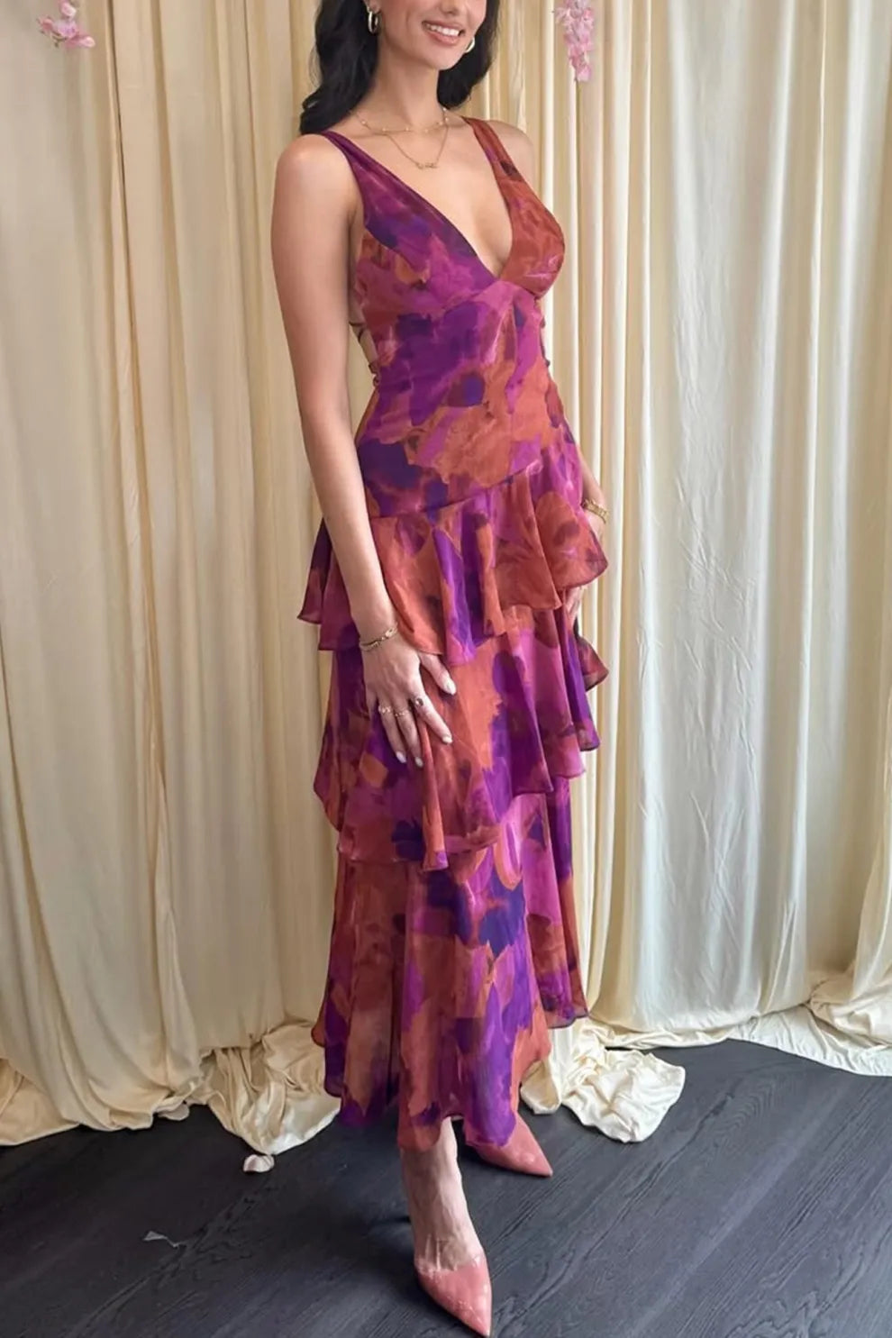 Floral Print Tie up Back Chiffon Tiered Dress
