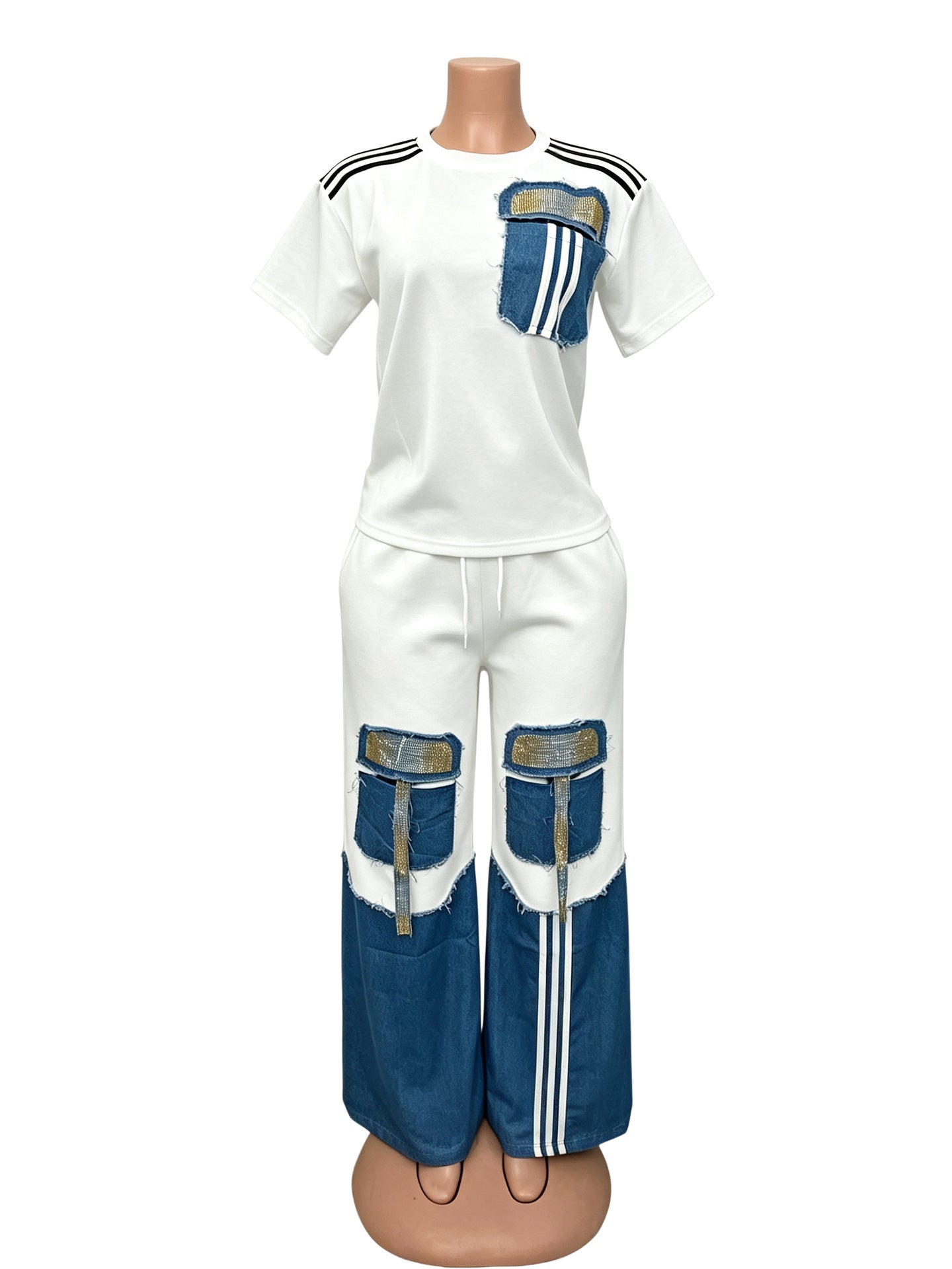 Denim Patchwork Beaded Short-Sleeve Top & Wide-Leg Pants Set for Summer