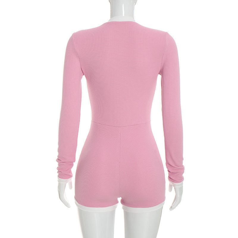 Color-Blocked Button Long-Sleeve Romper for Autumn Casual Wear