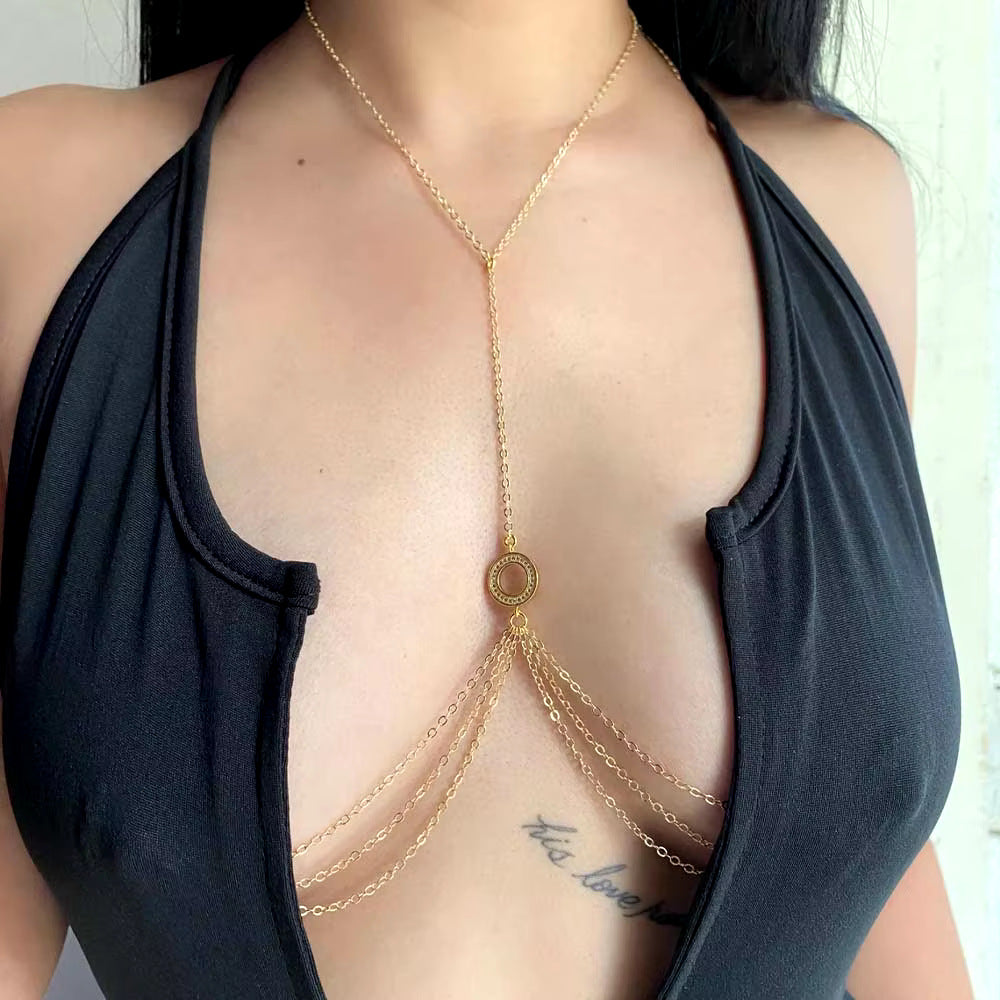 Round Rhinestone Chest Chain Bikini Accessory for Beach Parties