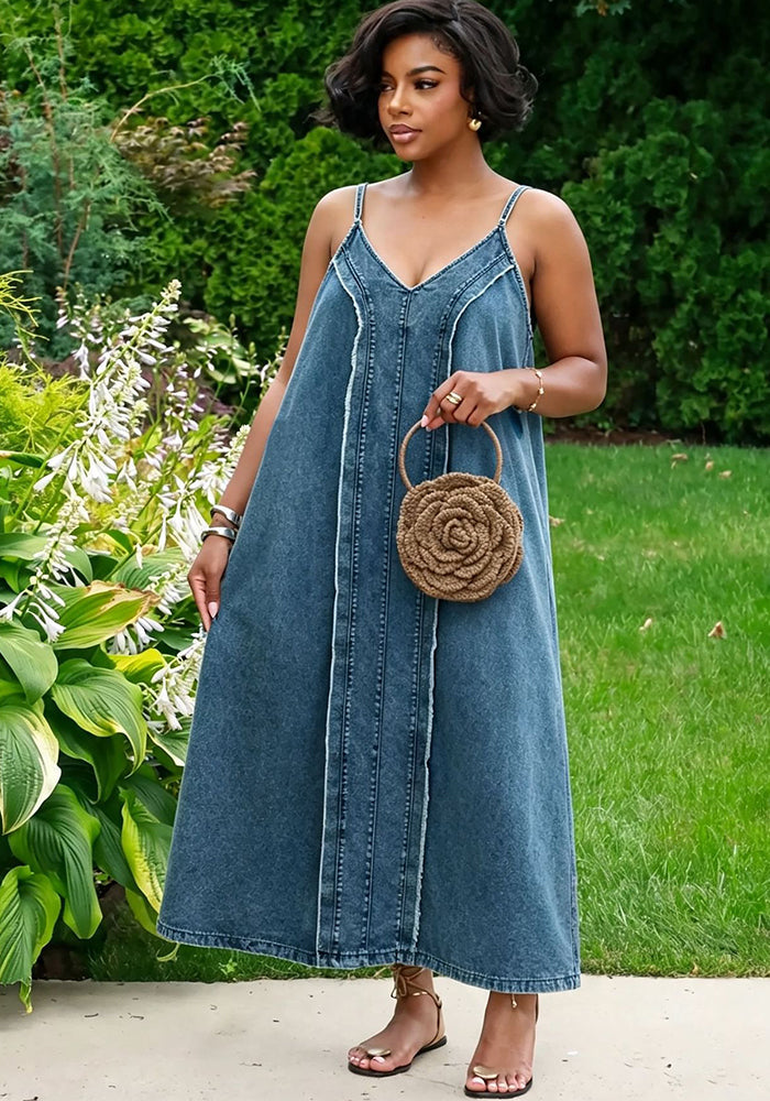 Raw Edge Side Pocket Spaghetti Strap Denim Dress