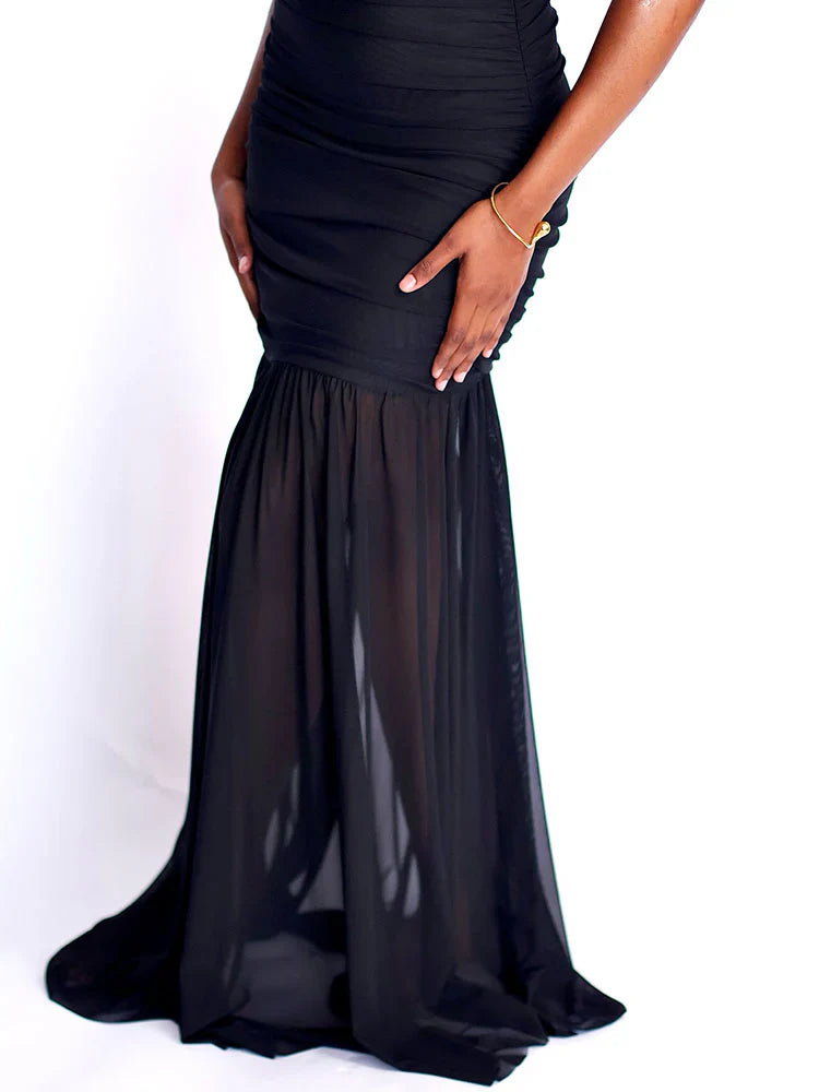 One Shoulder Mesh Ruched Dress