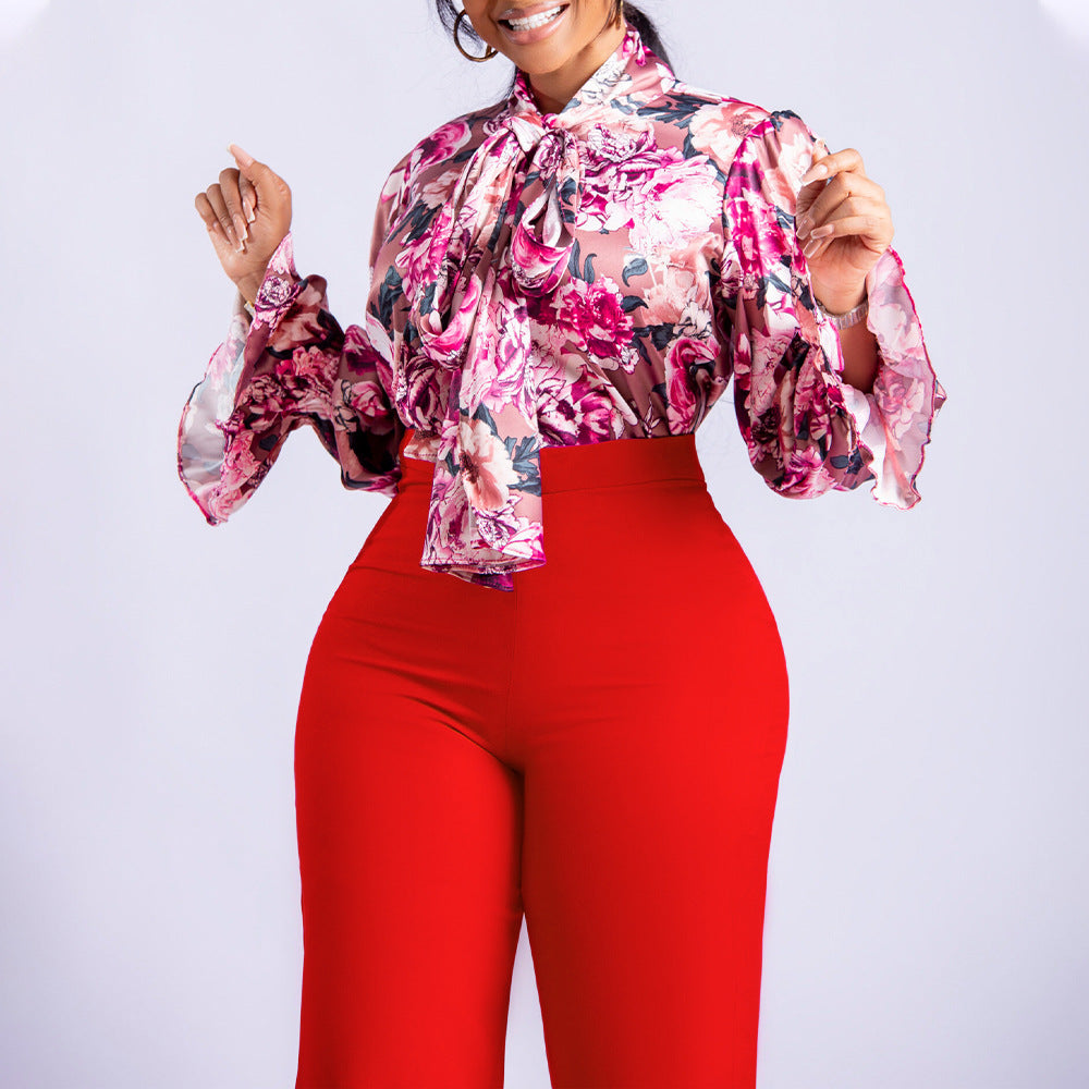 Casual Printed Long Sleeve Shirt Wide Leg Pants Sets