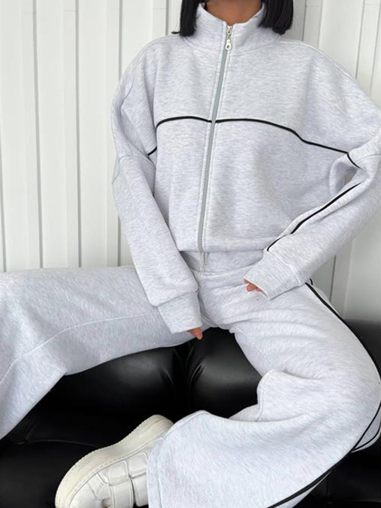Fashion Turtleneck Cardigan Striped Sweatshirt Set