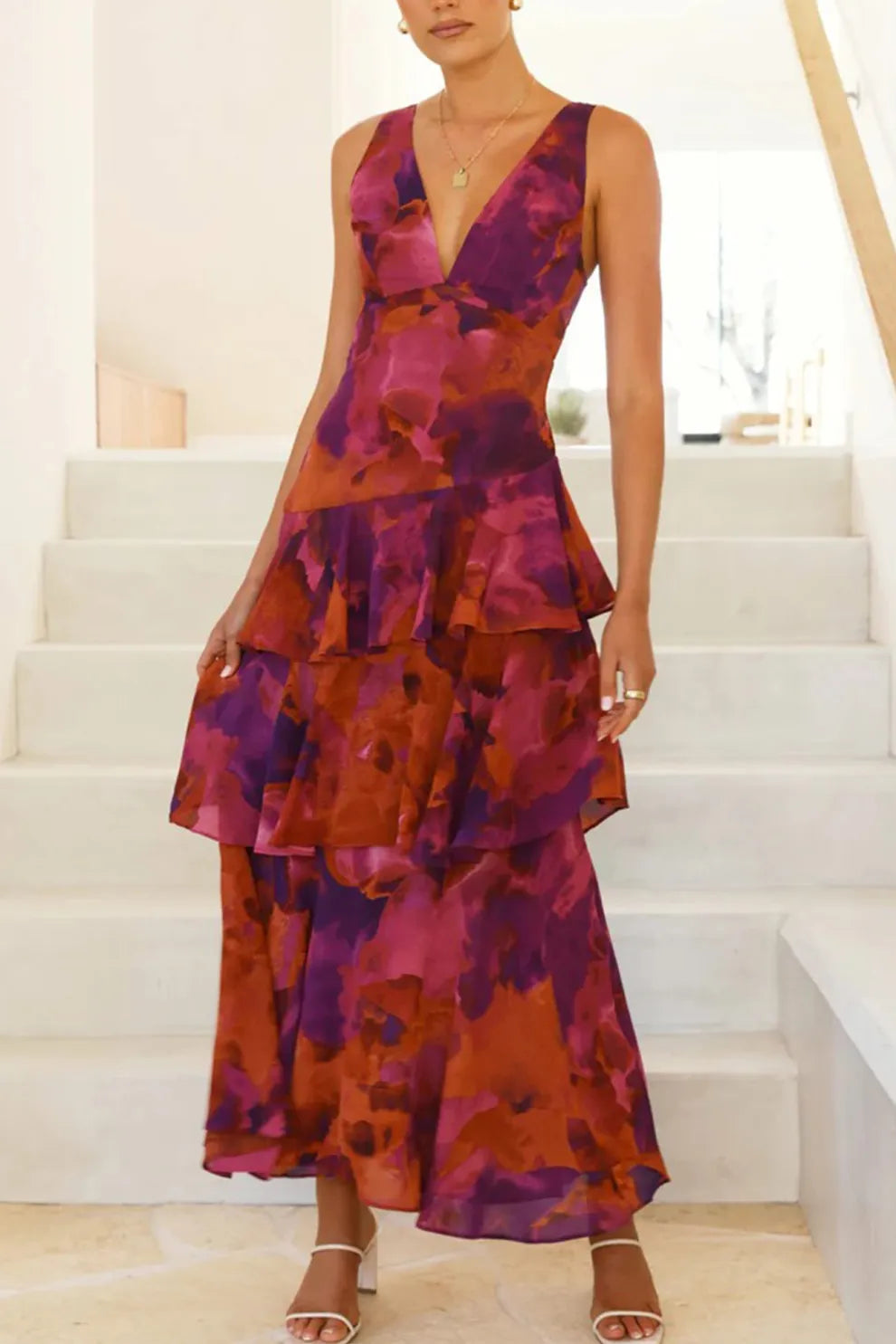 Floral Print Tie up Back Chiffon Tiered Dress