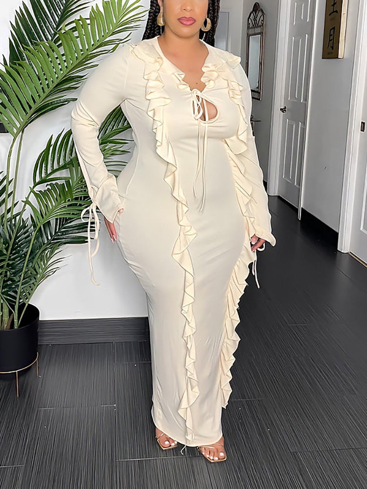 Ruffle Lace-Front Maxi Dress