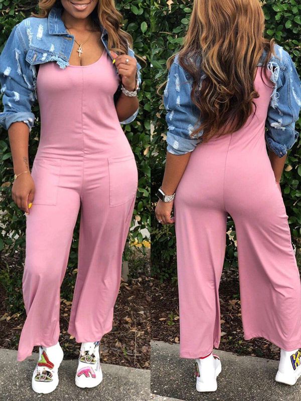 Einfarbiger, ärmelloser Jumpsuit mit weitem Bein – Ausverkauf