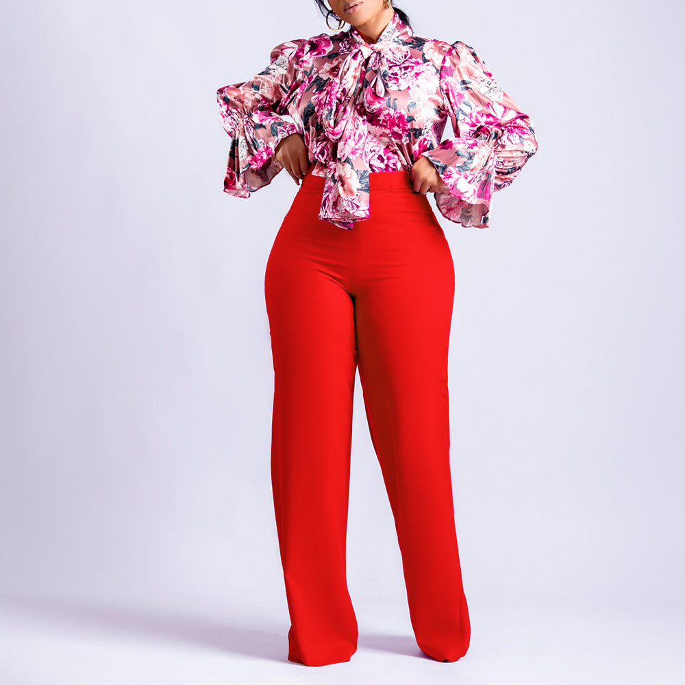Casual Printed Long Sleeve Shirt Wide Leg Pants Sets