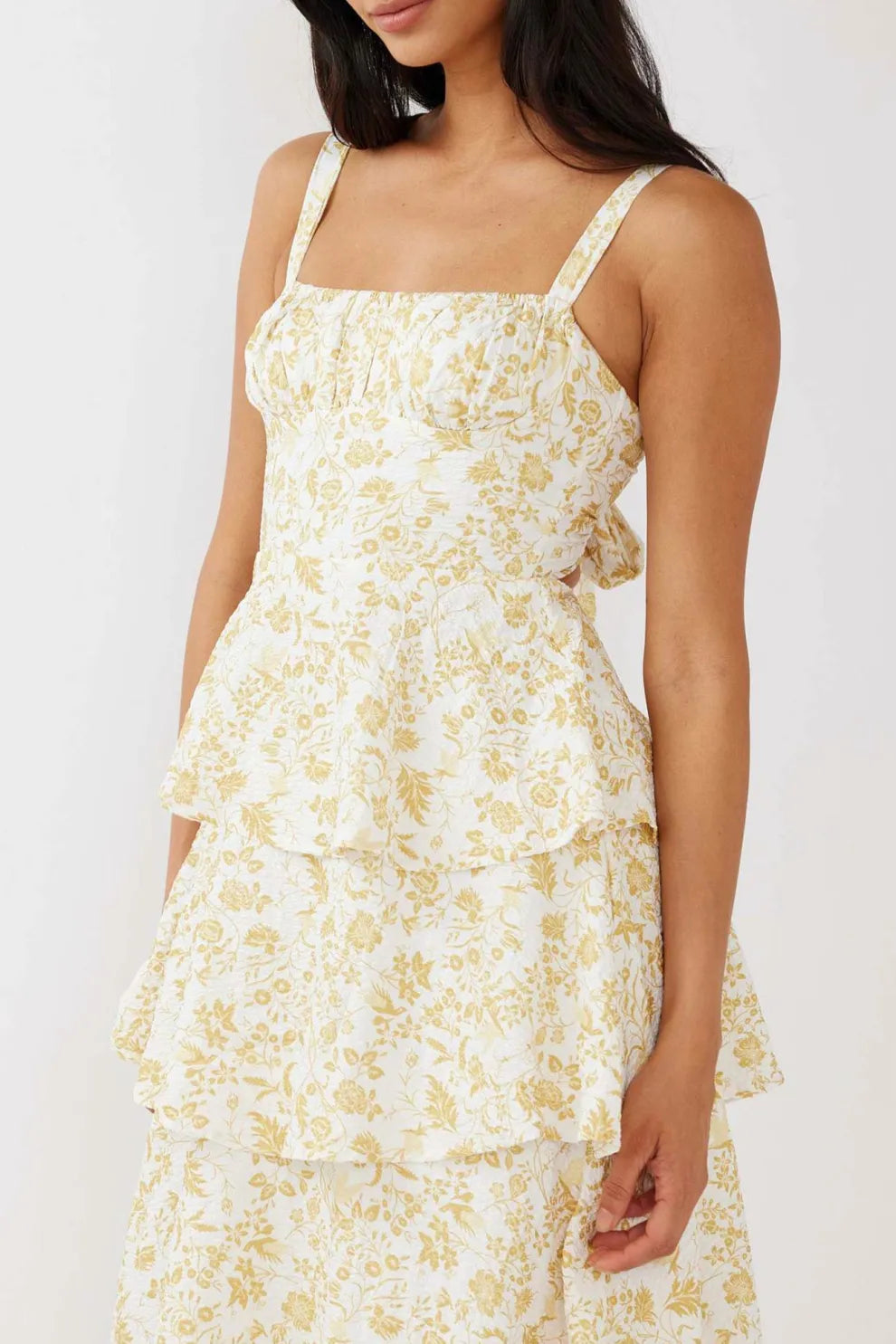 Floral Print Tie up Tiered Midi Dress
