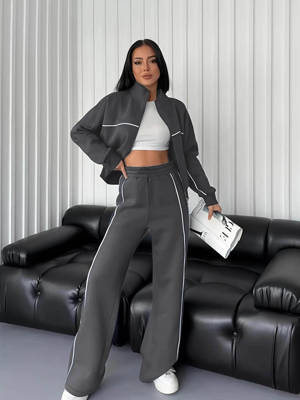 Fashion Turtleneck Cardigan Striped Sweatshirt Set