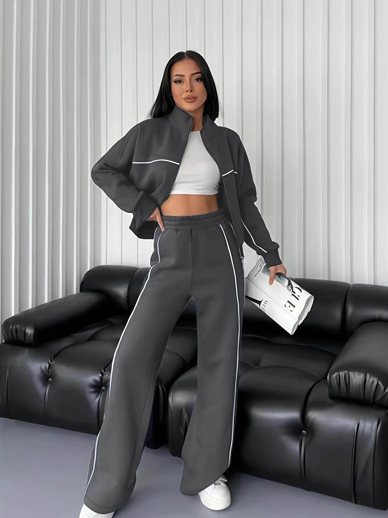 Fashion Turtleneck Cardigan Striped Sweatshirt Set