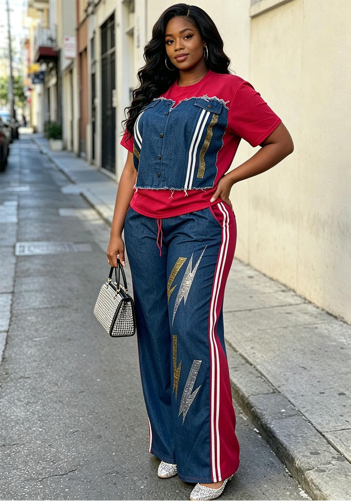 Plus Size Denim Patchwork Short Sleeve Top & Beaded Wide Leg Pants Set