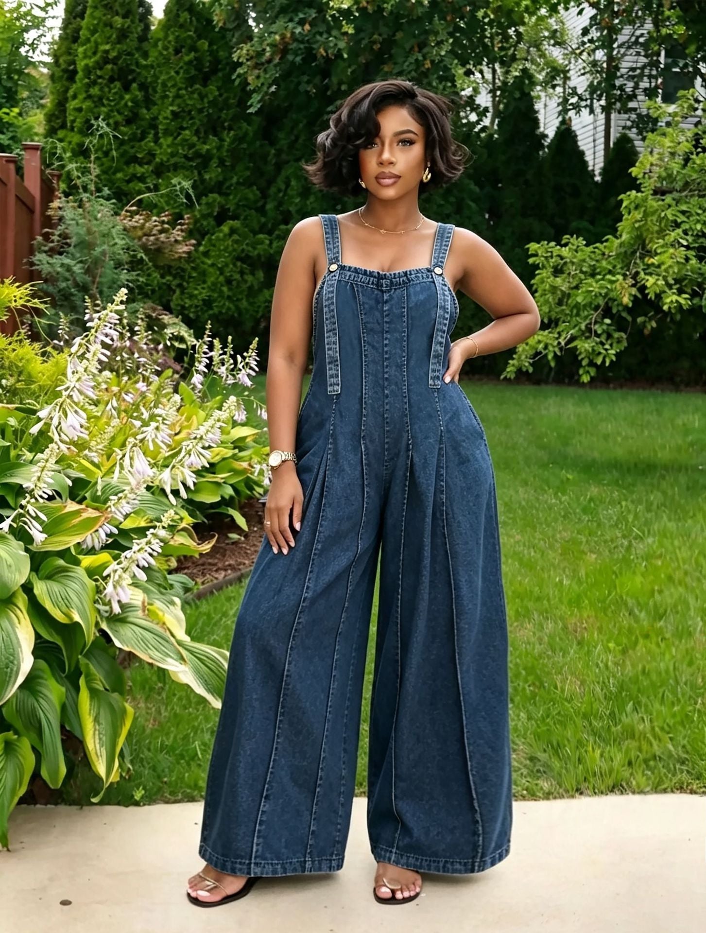 Side Pocket Pleated Wide Leg Washed Denim Overalls