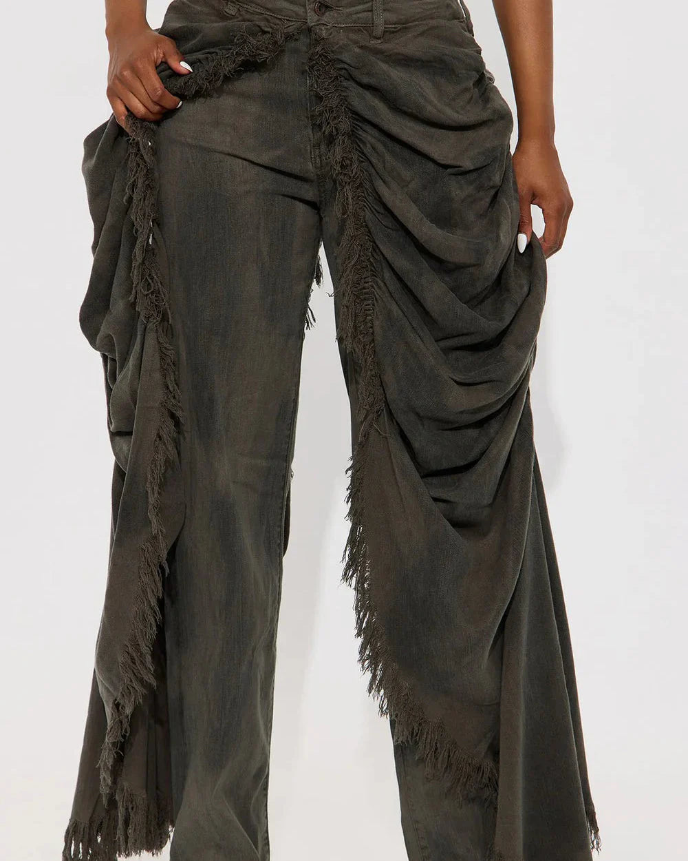Distressed Overlay Fringe Draped Jeans