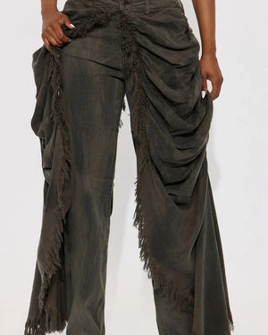 Distressed Overlay Fringe Draped Jeans