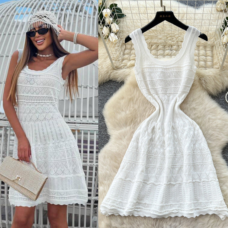 White Knitted Hollow-Out Sleeveless Dress for Summer