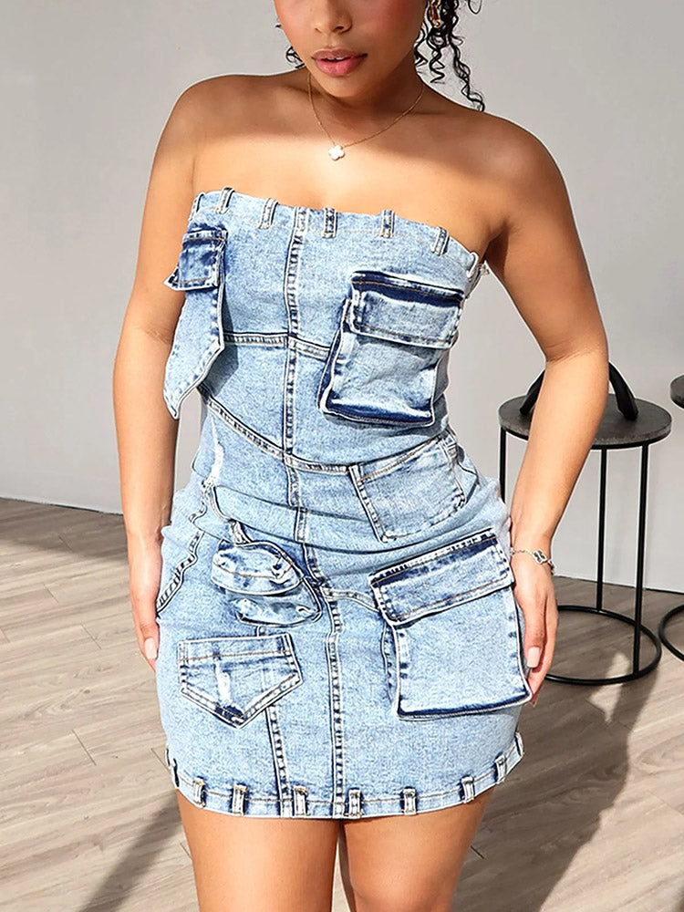 Strapless Denim Cargo Dress