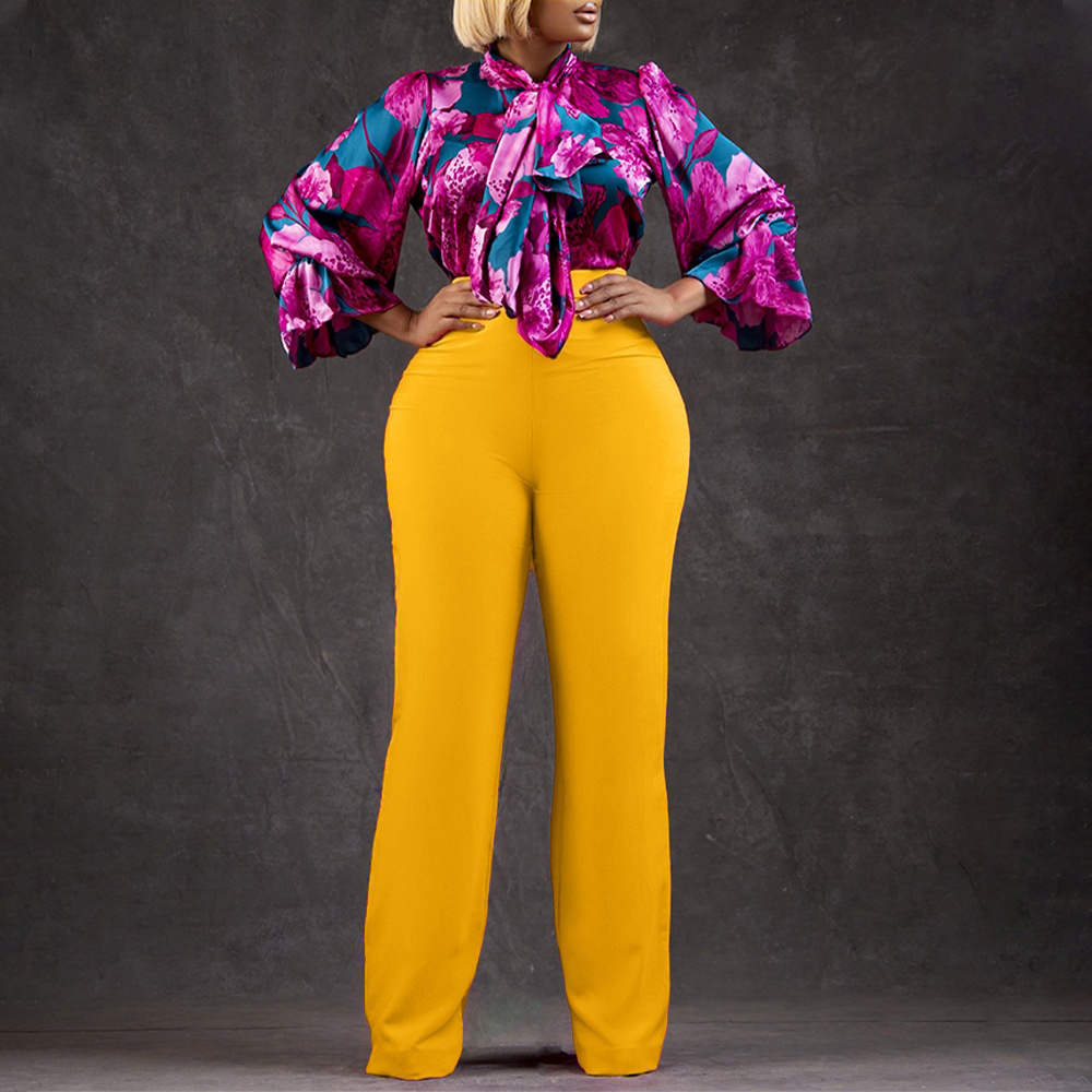 Casual Printed Long Sleeve Shirt Wide Leg Pants Sets