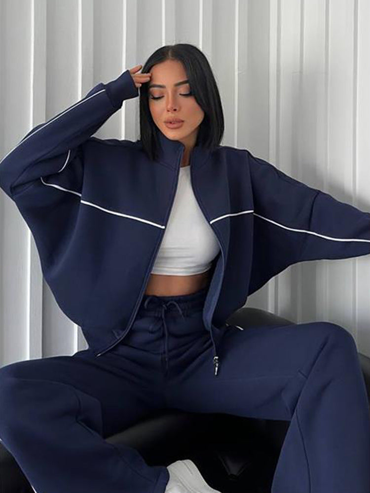 Fashion Turtleneck Cardigan Striped Sweatshirt Set