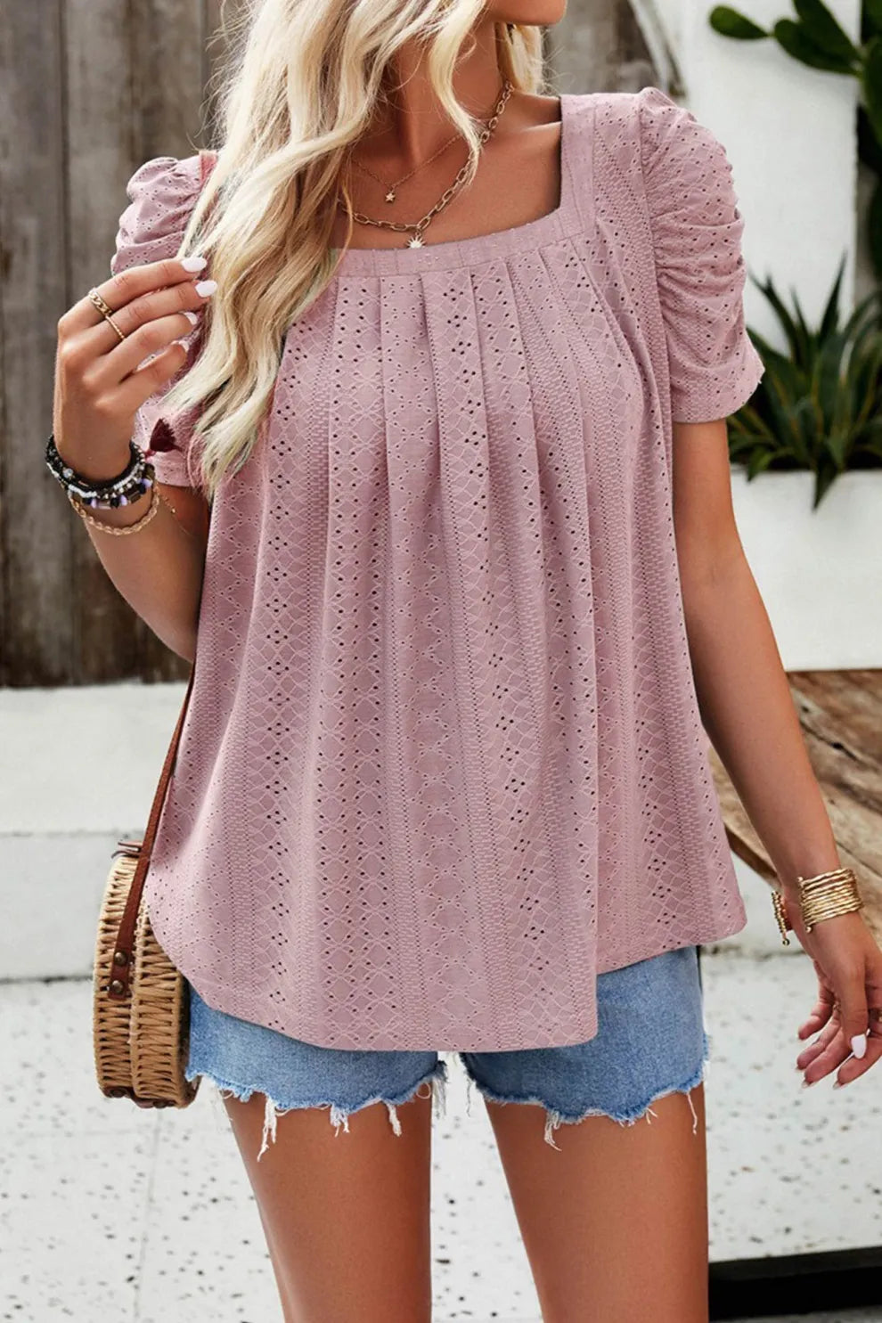 Square Neck Puff Sleeve Hollow Out Blouse