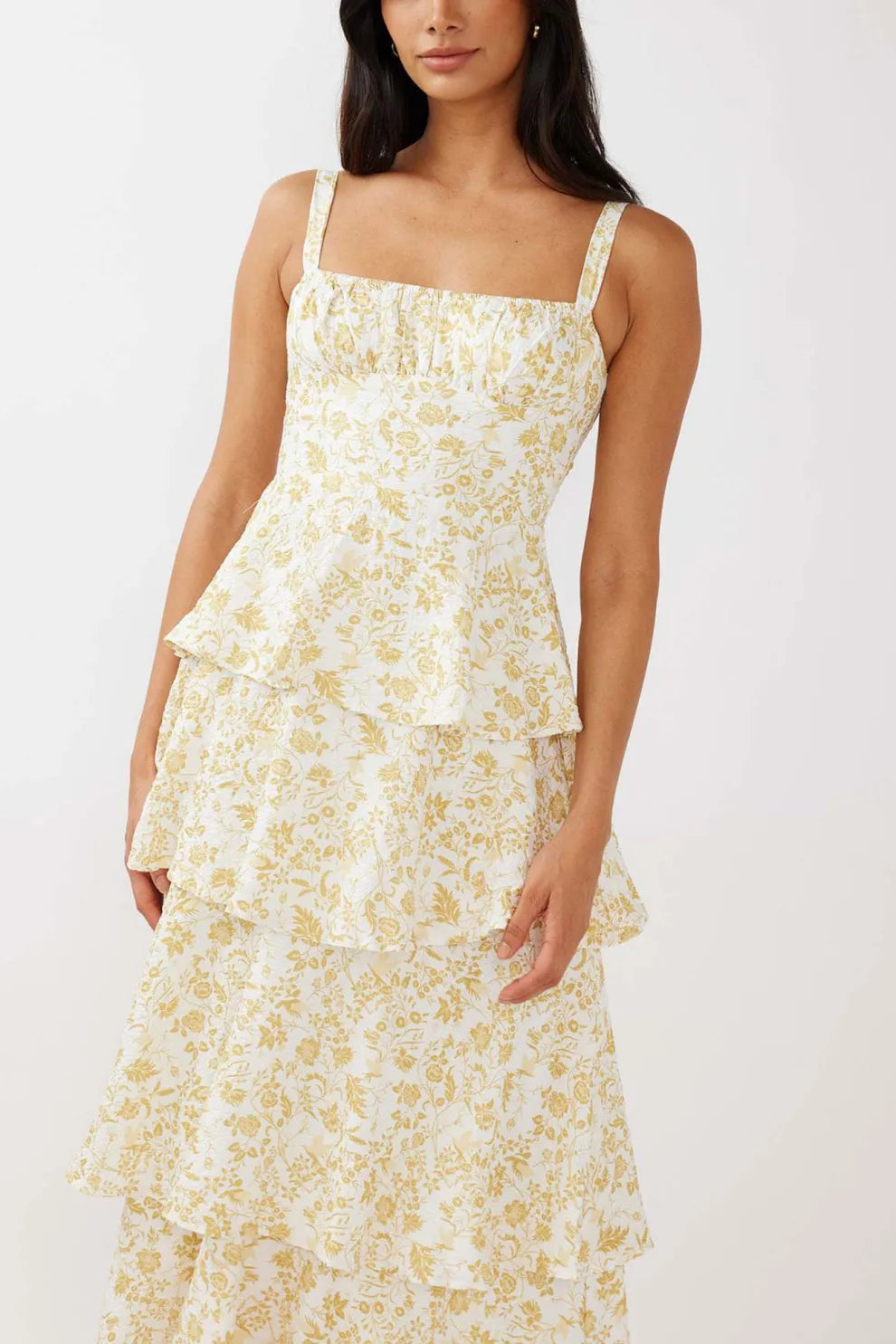Floral Print Tie up Tiered Midi Dress