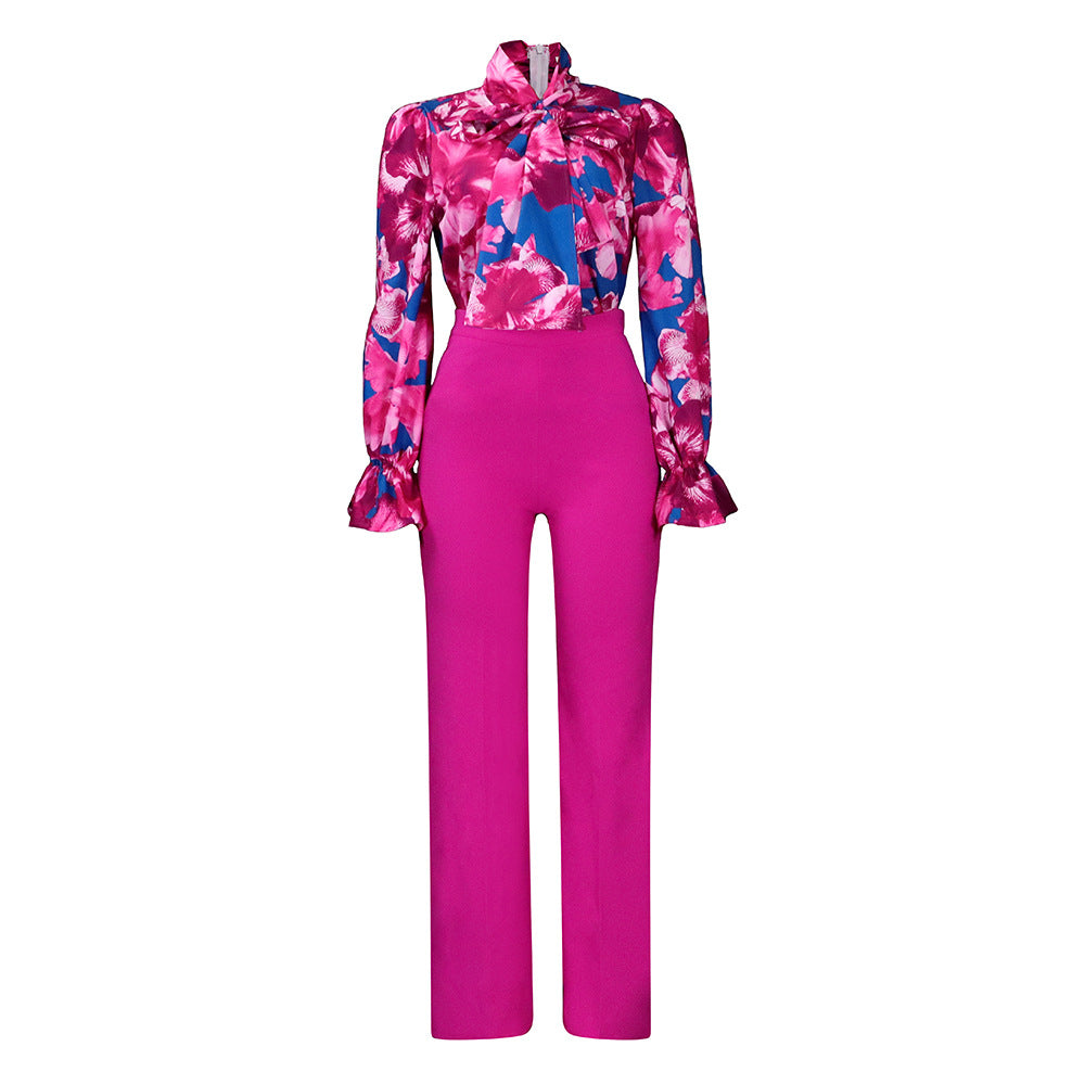Casual Printed Long Sleeve Shirt Wide Leg Pants Sets