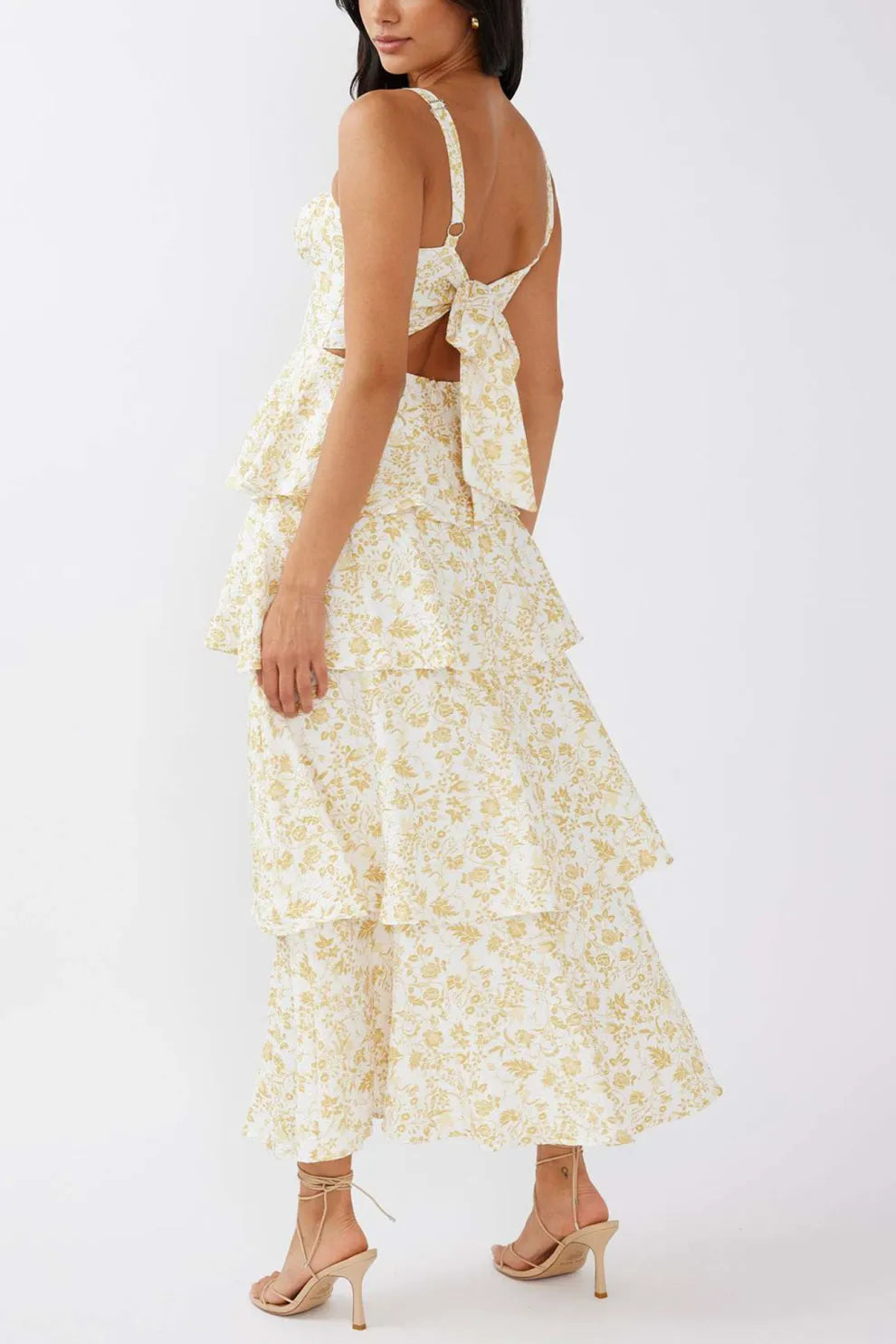 Floral Print Tie up Tiered Midi Dress