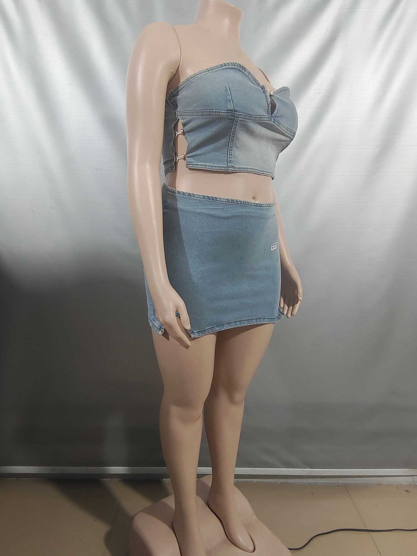 Strapless Denim Top & Slit Mini Skirt Set for Clubwear
