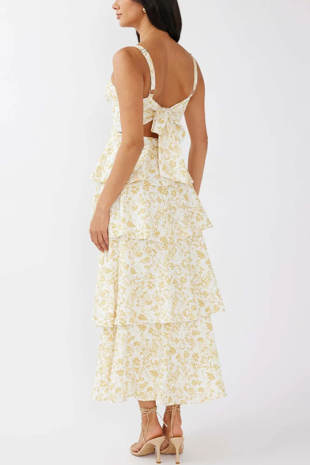 Floral Print Tie up Tiered Midi Dress