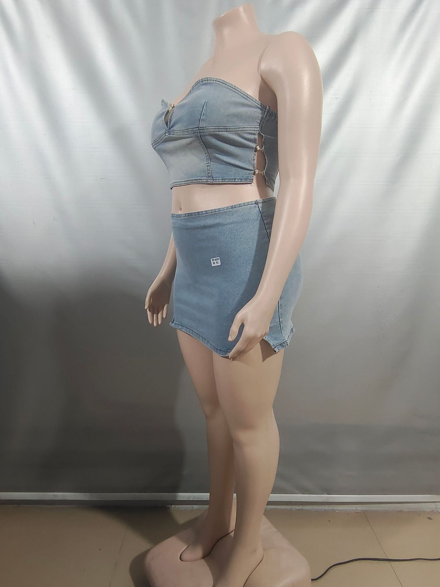 Strapless Denim Top & Slit Mini Skirt Set for Clubwear