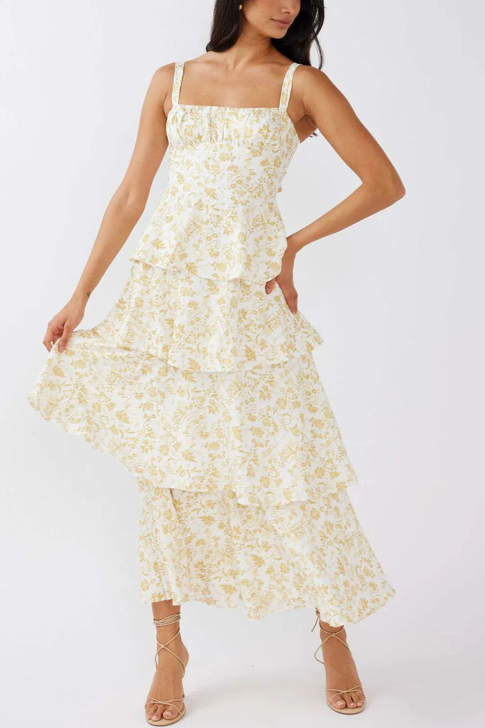 Floral Print Tie up Tiered Midi Dress
