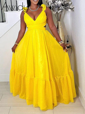Sleeveless Ruffle Maxi Dress Yellow