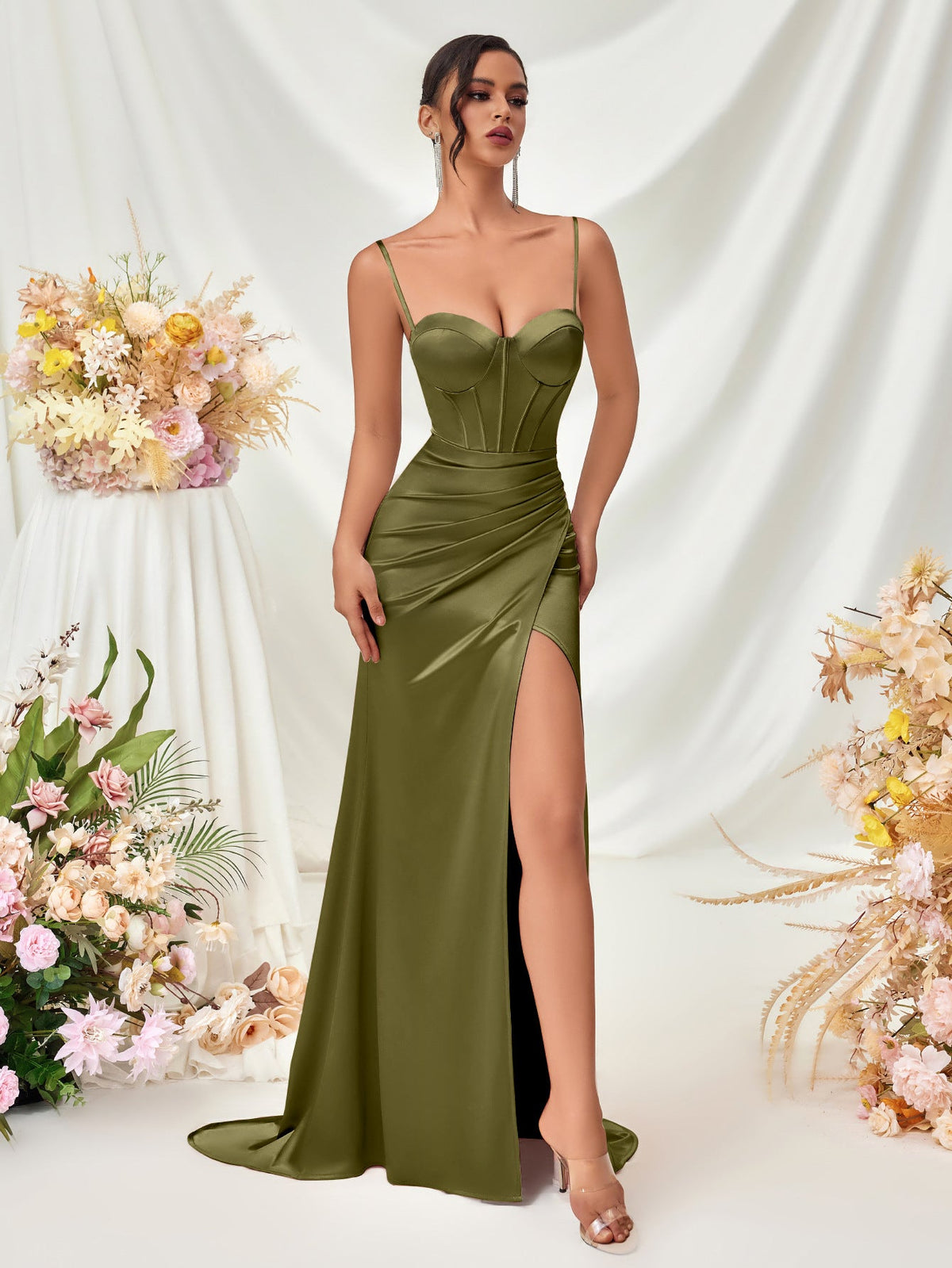 Strapless Slit Spaghetti Strap Maxi Dress for Evening Parties
