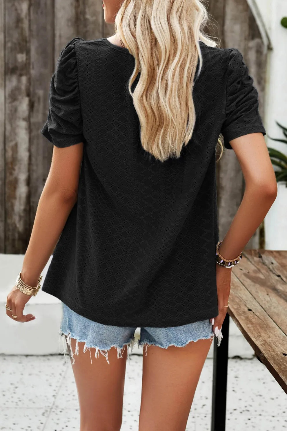 Square Neck Puff Sleeve Hollow Out Blouse
