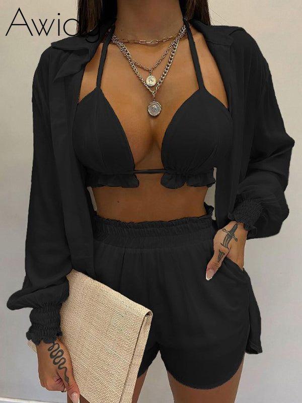 Solid Shirt Three-Piece Set Black