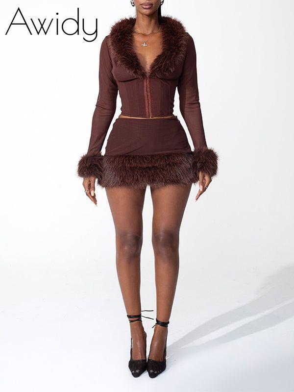Faux-Fur Combo Jacket & Skirt Set – Awidy
