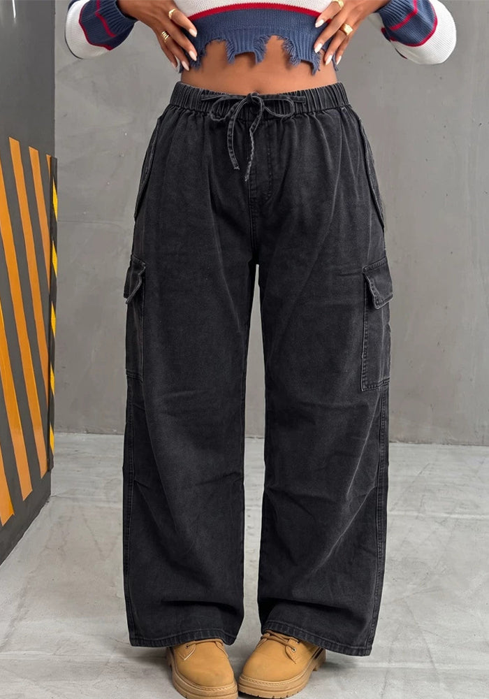 Black Multi-Pocket Drawstring Cargo Denim Wide Leg Pants for Casual Streetwear