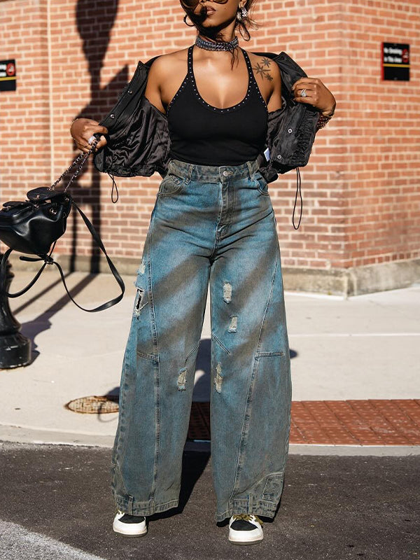 Distressed Wide-Leg Jeans