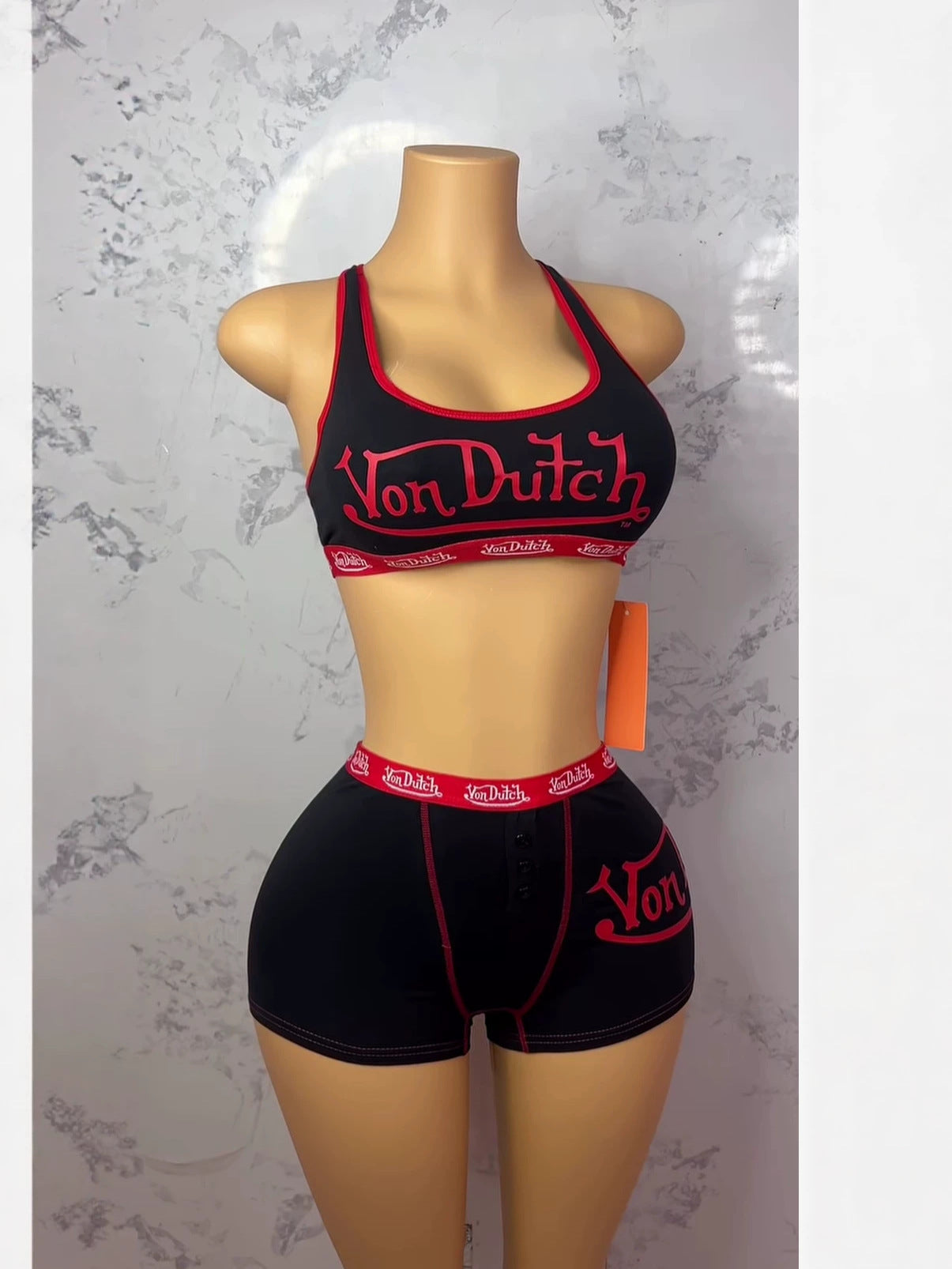 Color Block Letter Print Halter Tank Top & Shorts Two-Piece Set for Summer
