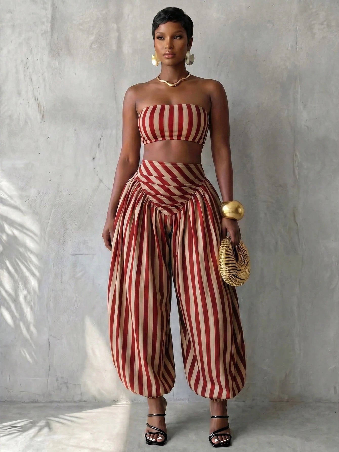 Red & White Striped Crop Top & Lantern Pants Two-Piece Set