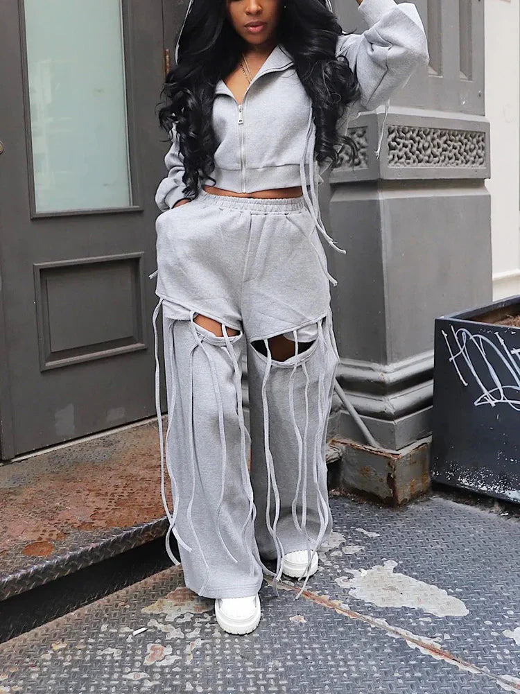 String Hoodie Jacket And Cutout Pants Set