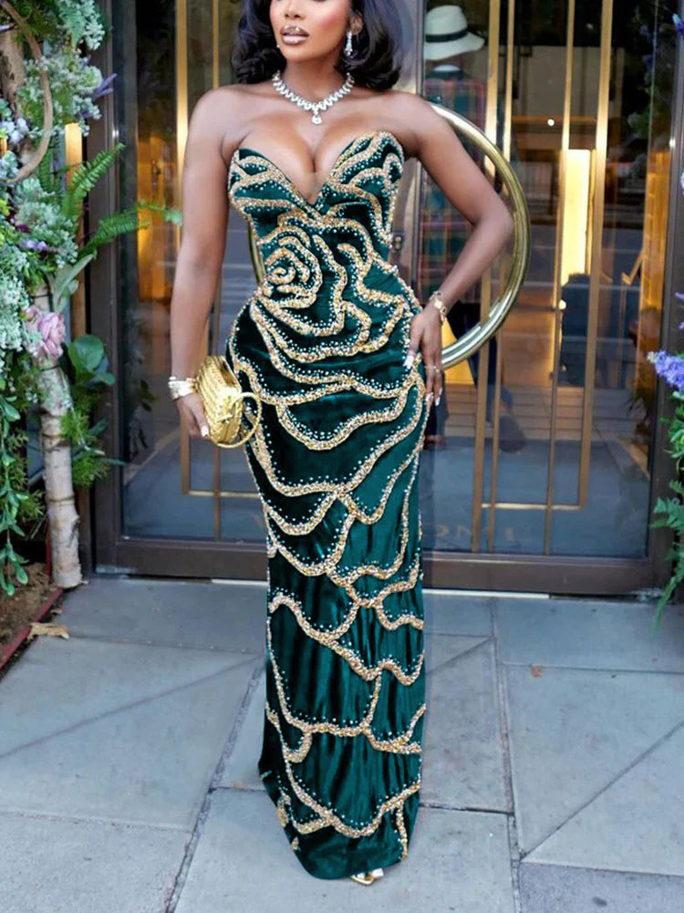 Sequin Strapless Evening Gown