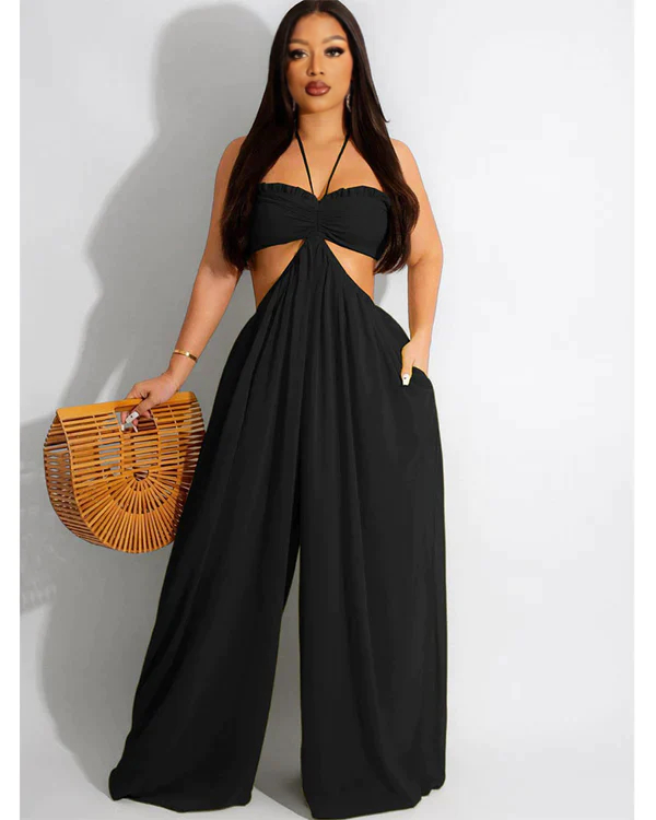 SMOCKED HALTER TOP WIDE LEG JUMPSUIT BLACK