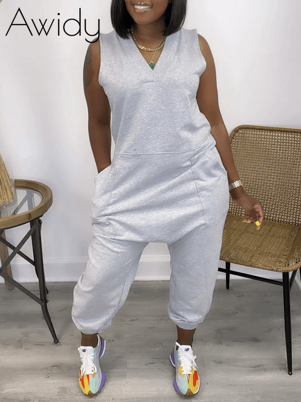 V-Neck Sleeveless Jumpsuit--Clearance