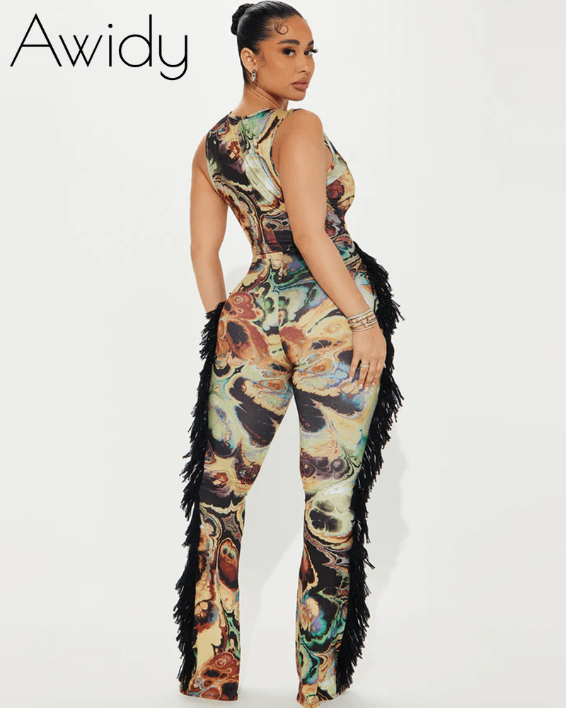 Tassel Trim Print Jumpsuit