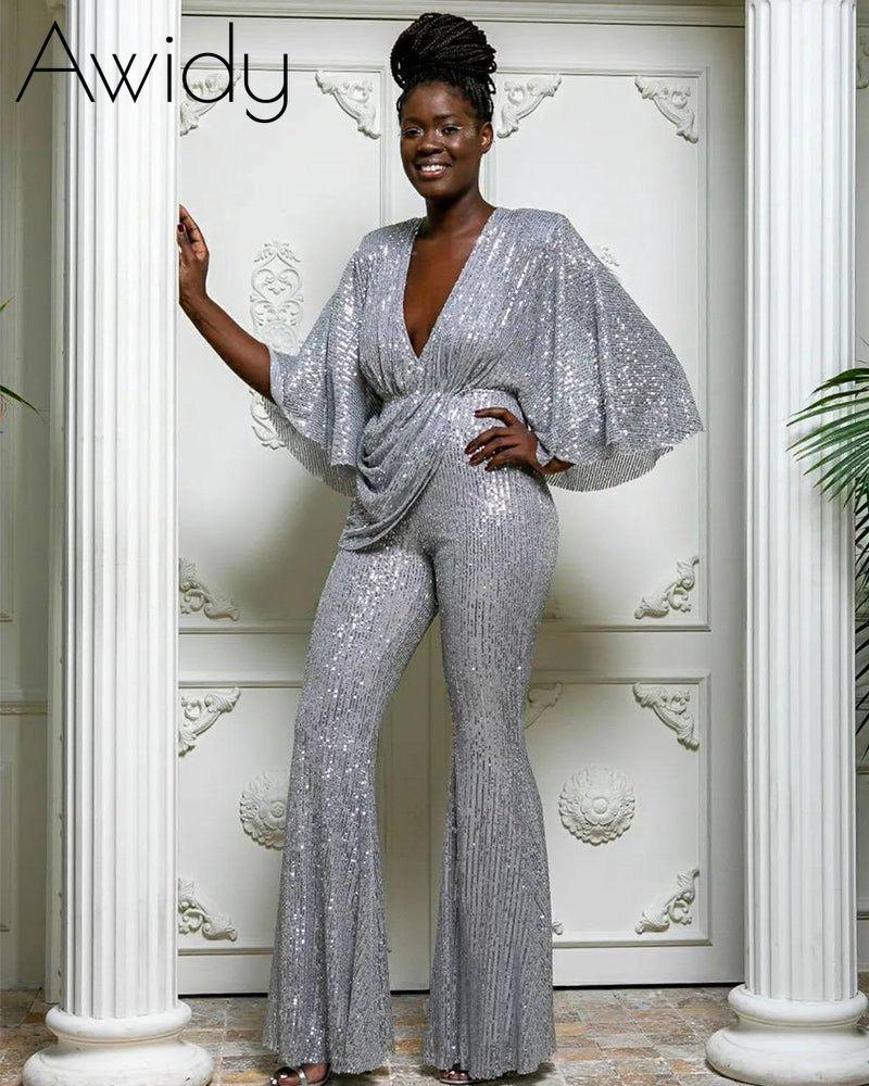Shiny Sequin Flare Leg Jumpsuit