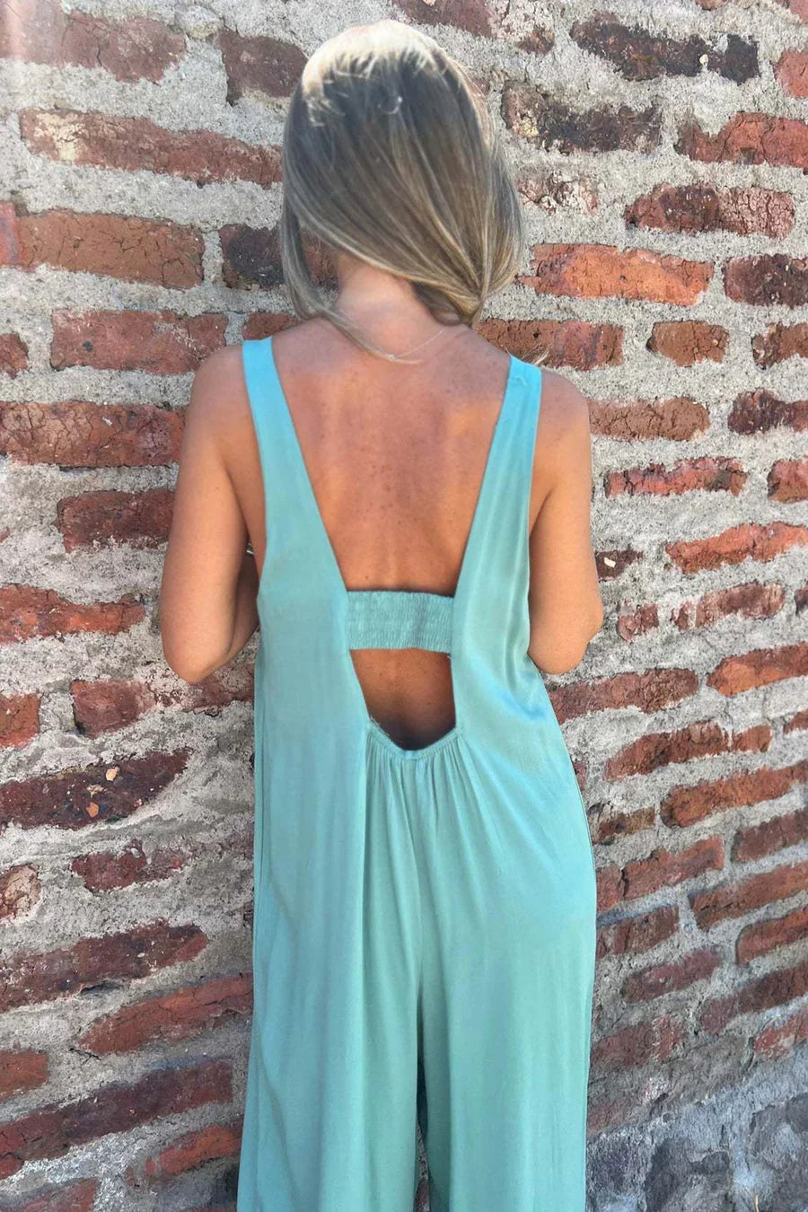 Button Closure Backless Loose Jumpsuit