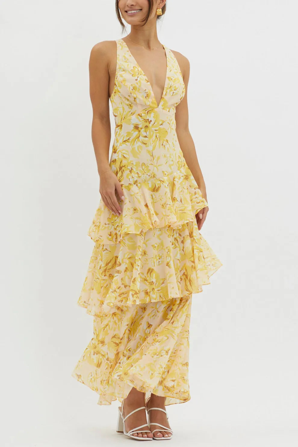 Floral Print Tie up Back Chiffon Tiered Dress