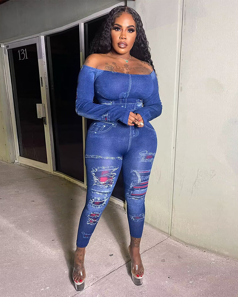 Riana Denim Pants Set Blue